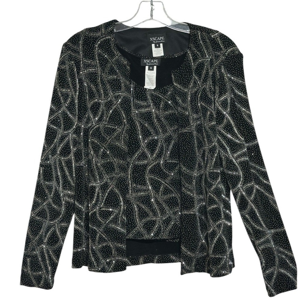 XSCAPE by Joanna Chen Cardigan Tank Set Women Black Silver Party Glam Glitter  S